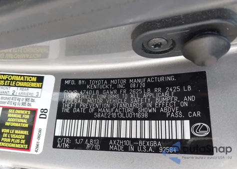 2020 Lexus Es 300H Luxury z USA, uszkodzony, nr VIN 58AE21B13LU011698